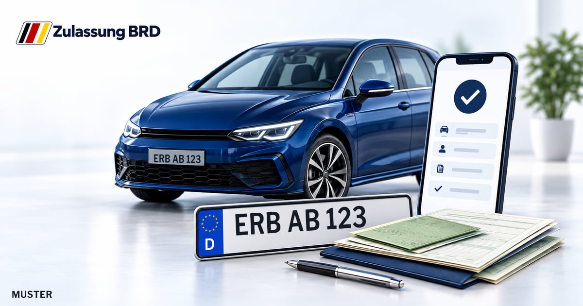 Online Fahrzeugzulassung in Michelstadt: Musterkennzeichen ERB AB 123, Auto und Fahrzeugpapiere und Smartphone. Illustration mit Logo von Zulassung BRD.